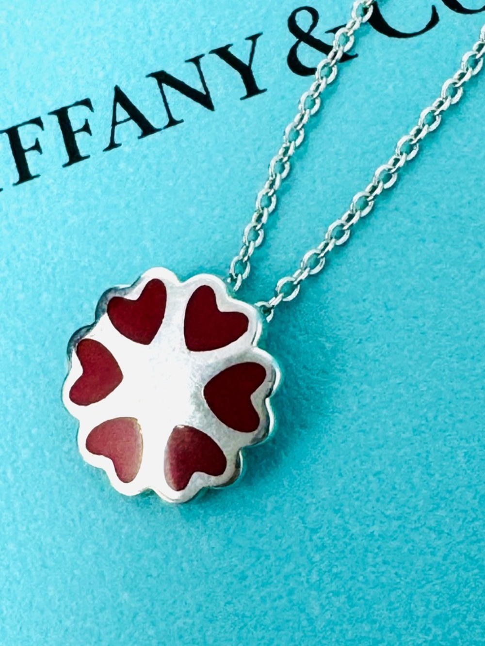 Authentic Tiffany & Co. Paloma Picasso Enamel Red Crown Hearts Necklace.